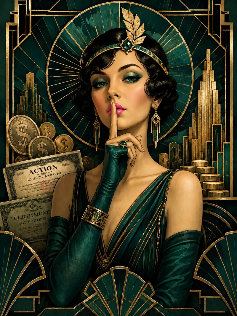 Illustration Art Déco d'une femme faisant le signe du silence, entourée de pièces d'or et de certificats d'actions anciens