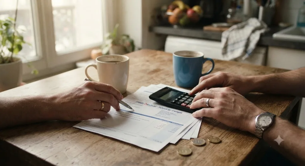 Deux personnes attablées dans une cuisine avec relevés bancaires, calculatrice et tasses de café