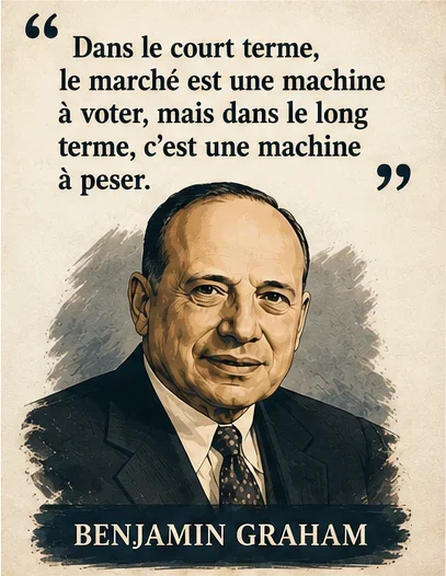 Portrait illustré de Benjamin Graham avec sa citation sur le marché, machine à voter à court terme et machine à peser à long terme