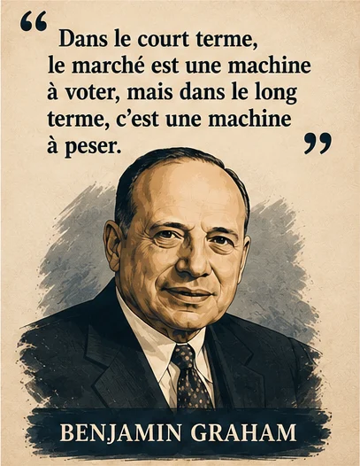 Portrait illustré de Benjamin Graham avec sa citation sur le marché, machine à voter à court terme et machine à peser à long terme