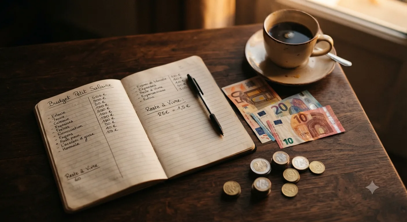 Carnet de budget ouvert sur une table en bois avec billets en euros, pièces et tasse de café