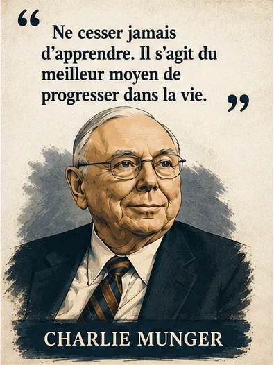 Portrait illustré de Charlie Munger avec sa citation sur l'apprentissage permanent