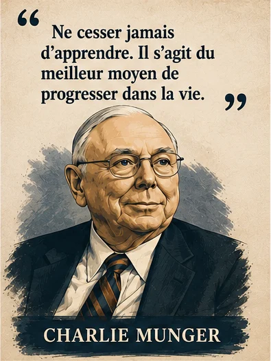 Portrait illustré de Charlie Munger avec sa citation sur l'apprentissage permanent