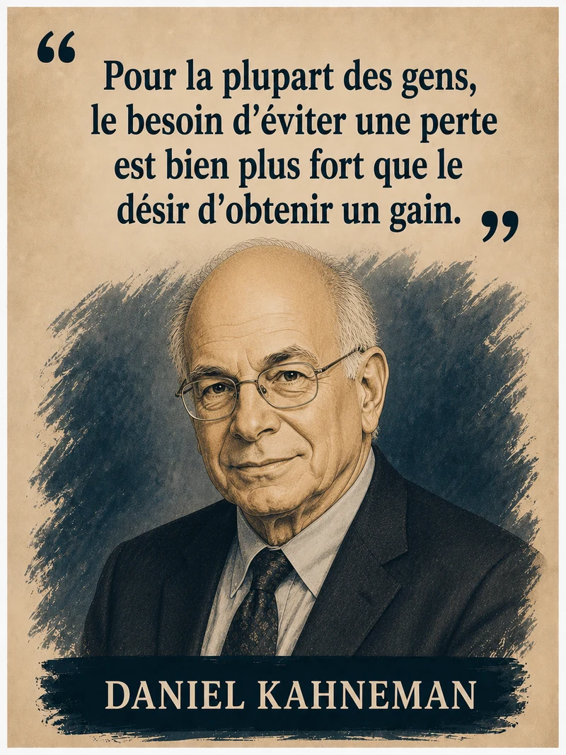 Portrait illustré de Daniel Kahneman avec sa citation sur l'aversion à la perte