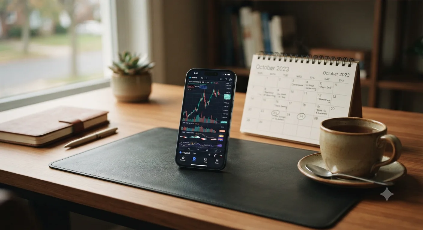 Smartphone affichant un graphique boursier posé sur un bureau à côté d'un calendrier papier et d'une tasse de thé
