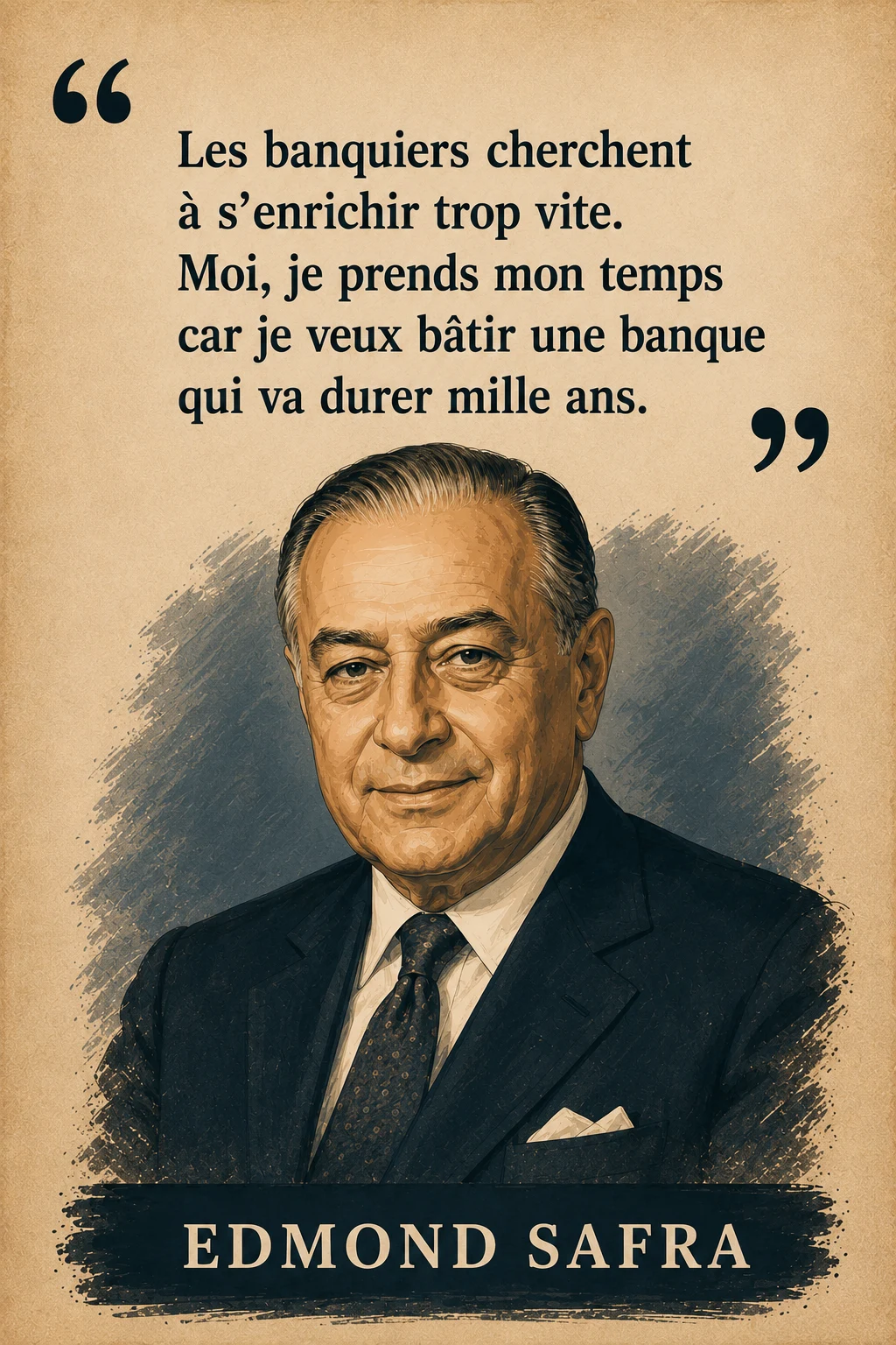 Portrait illustré d'Edmond Safra avec sa citation sur la patience en banque