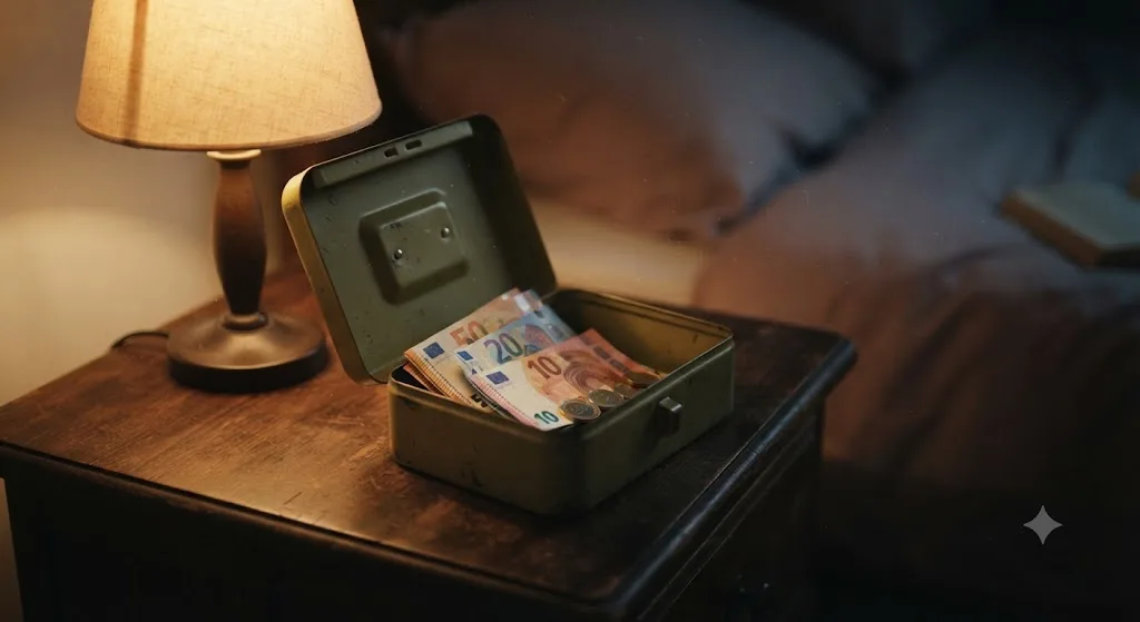 Boîte métallique entrouverte contenant des billets en euros sur une table de nuit éclairée par une lampe chaude