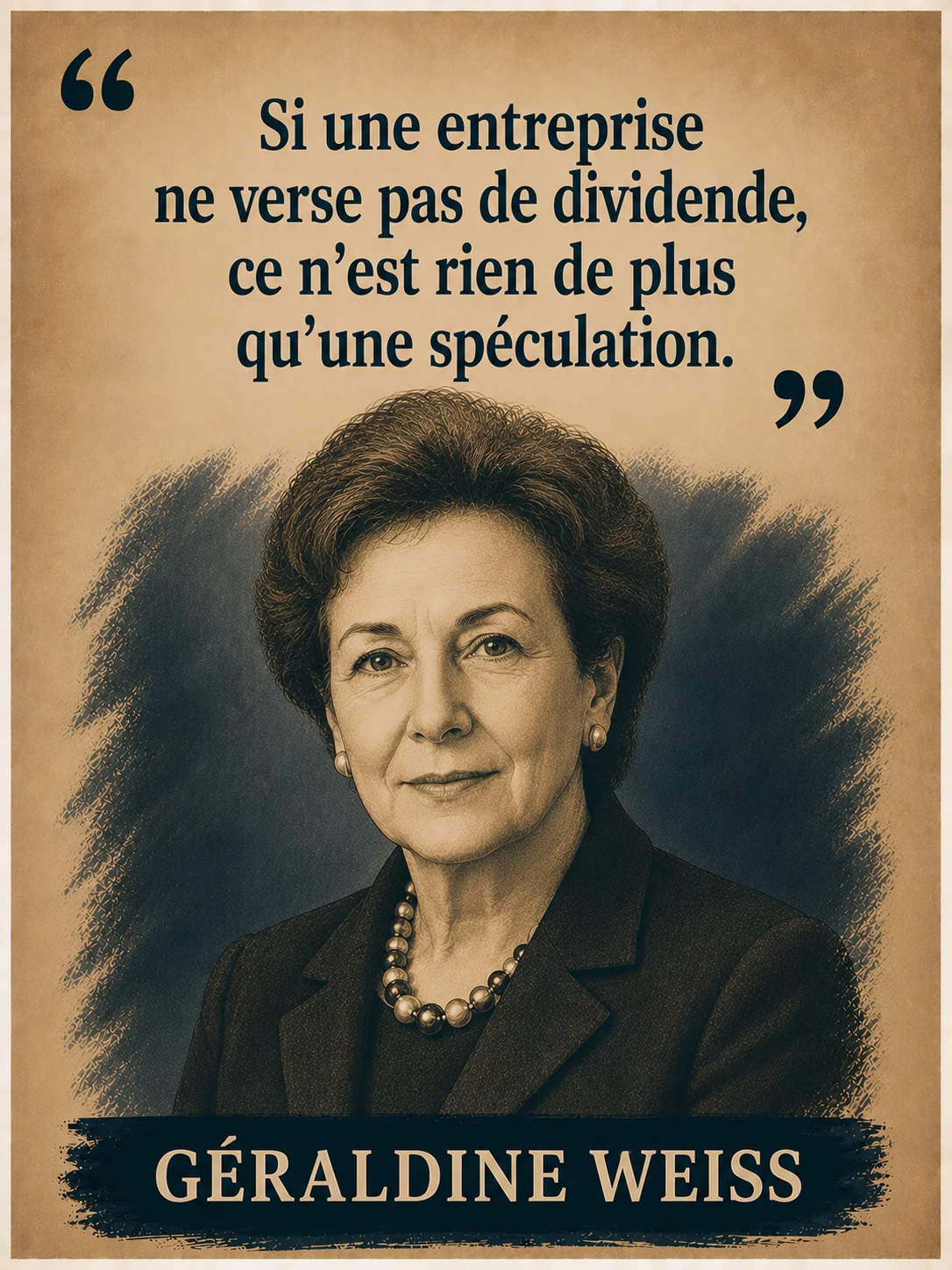 Portrait illustré de Géraldine Weiss avec sa citation sur les dividendes et la spéculation