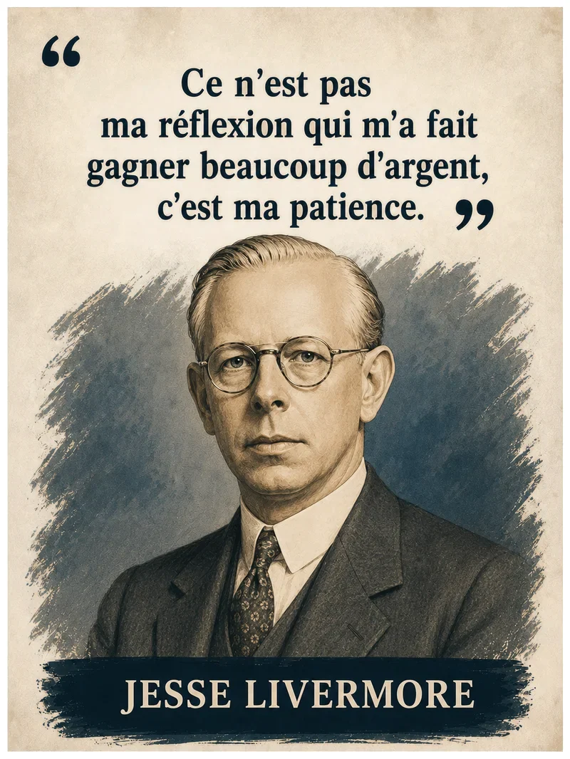 Portrait illustré de Jesse Livermore avec sa citation sur la patience qui enrichit plus que la réflexion