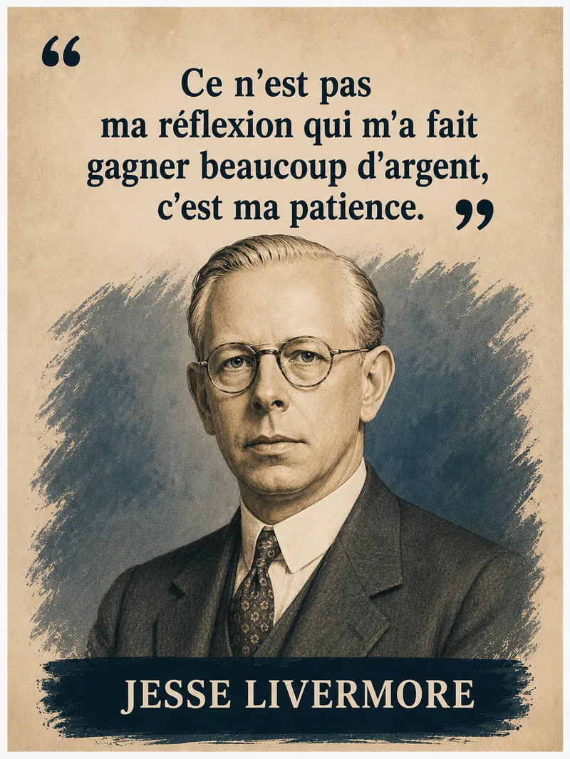 Portrait illustré de Jesse Livermore avec sa citation sur la patience qui enrichit plus que la réflexion