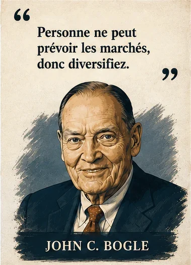 Portrait illustré de John C. Bogle avec sa citation sur l'imprévisibilité des marchés et la diversification