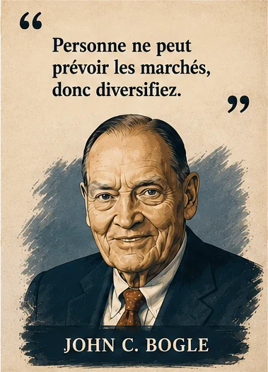 Portrait illustré de John C. Bogle avec sa citation sur l'imprévisibilité des marchés et la diversification