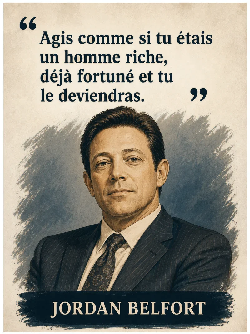 Portrait illustré de Jordan Belfort avec sa citation « agis comme si tu étais riche »