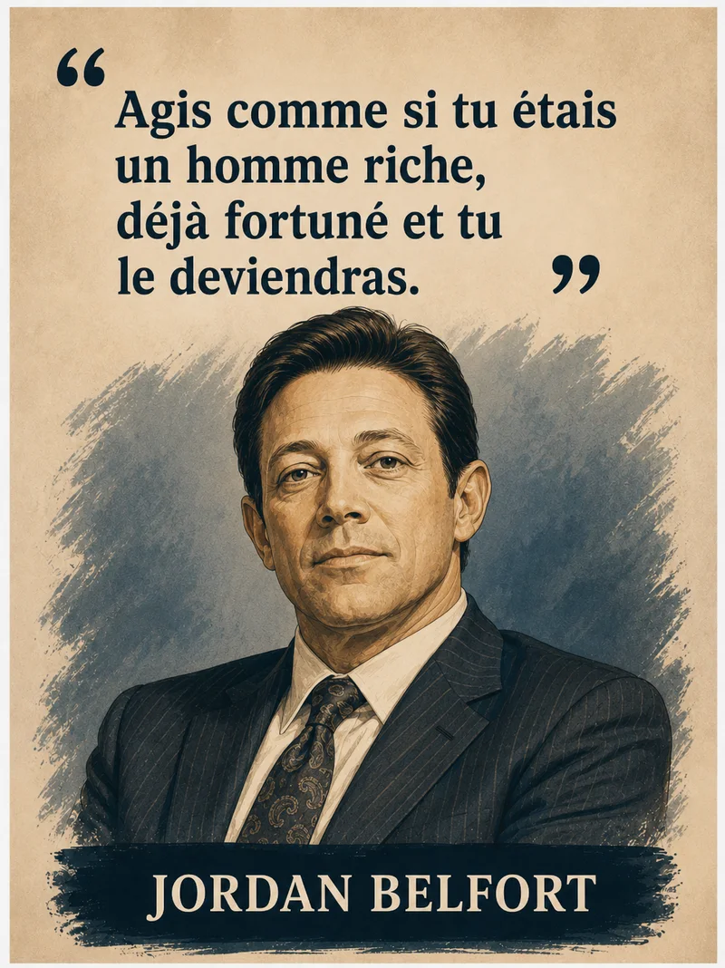 Portrait illustré de Jordan Belfort avec sa citation « agis comme si tu étais riche »
