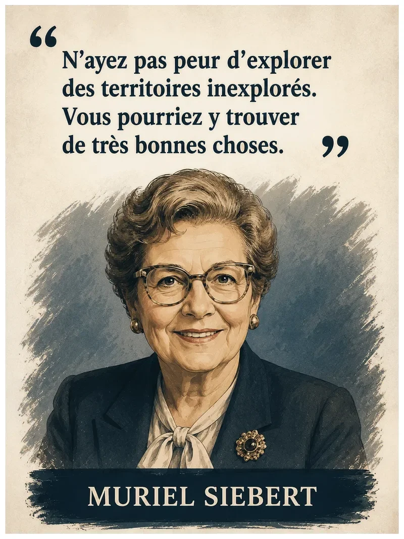 Portrait illustré de Muriel Siebert avec sa citation sur l'exploration de territoires inexplorés