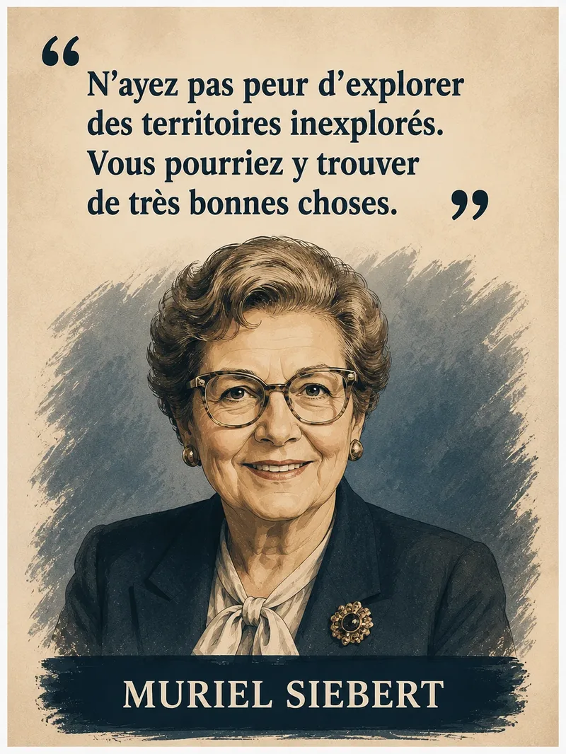Portrait illustré de Muriel Siebert avec sa citation sur l'exploration de territoires inexplorés