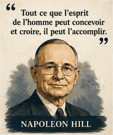 Portrait illustré de Napoleon Hill avec sa citation sur ce que l'esprit peut concevoir et accomplir