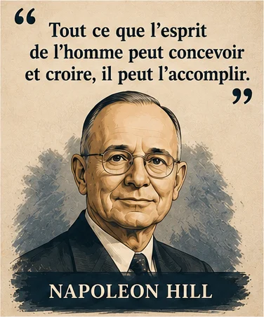 Portrait illustré de Napoleon Hill avec sa citation sur ce que l'esprit peut concevoir et accomplir