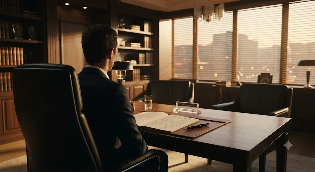 Bureau de direction élégant avec fauteuils en cuir face à face et contrat posé sur la table, lumière tamisée