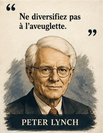 Portrait illustré de Peter Lynch avec sa citation sur la diversification à l'aveuglette