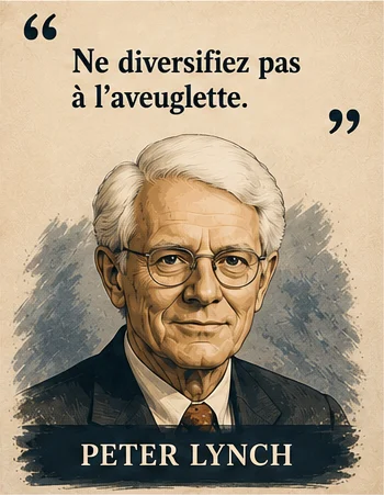 Portrait illustré de Peter Lynch avec sa citation sur la diversification à l'aveuglette
