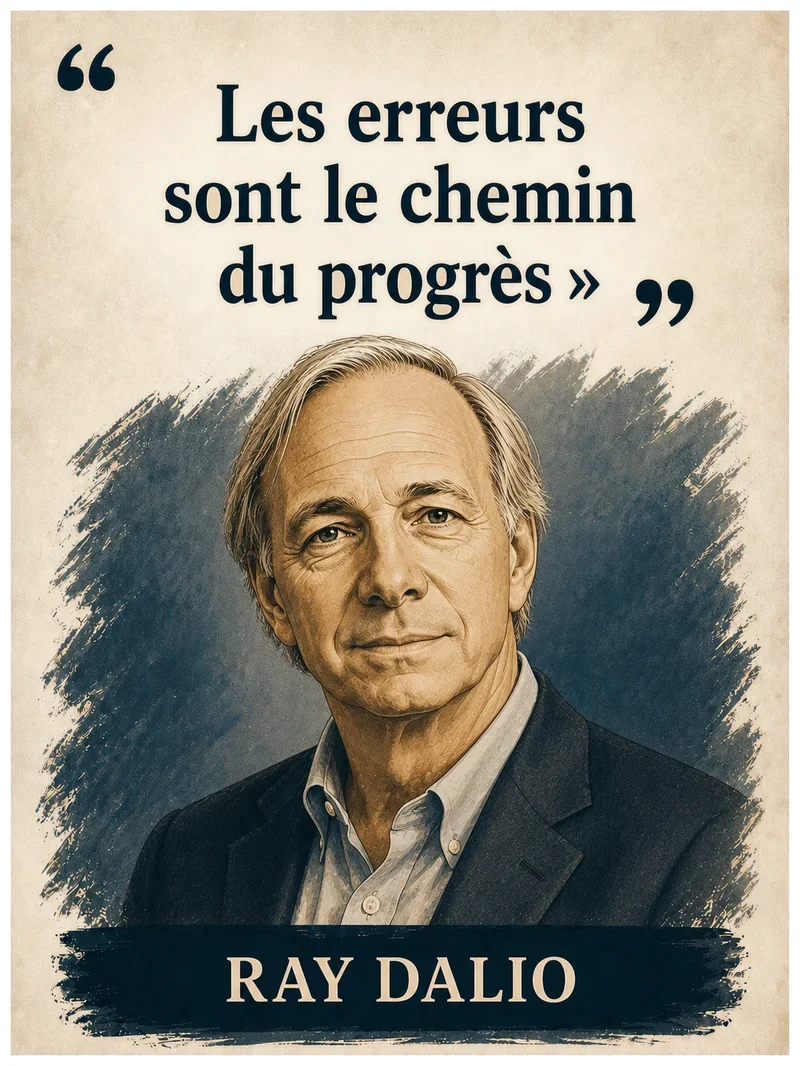 Portrait illustré de Ray Dalio avec sa citation « les erreurs sont le chemin du progrès »