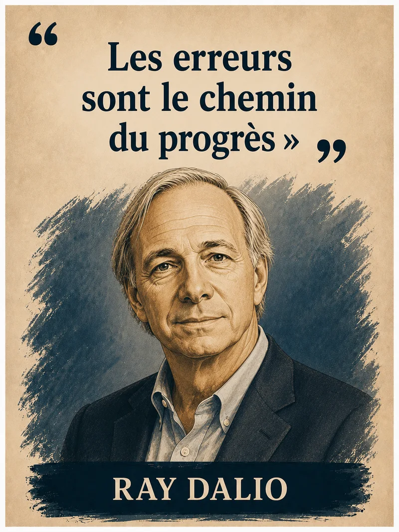 Portrait illustré de Ray Dalio avec sa citation « les erreurs sont le chemin du progrès »