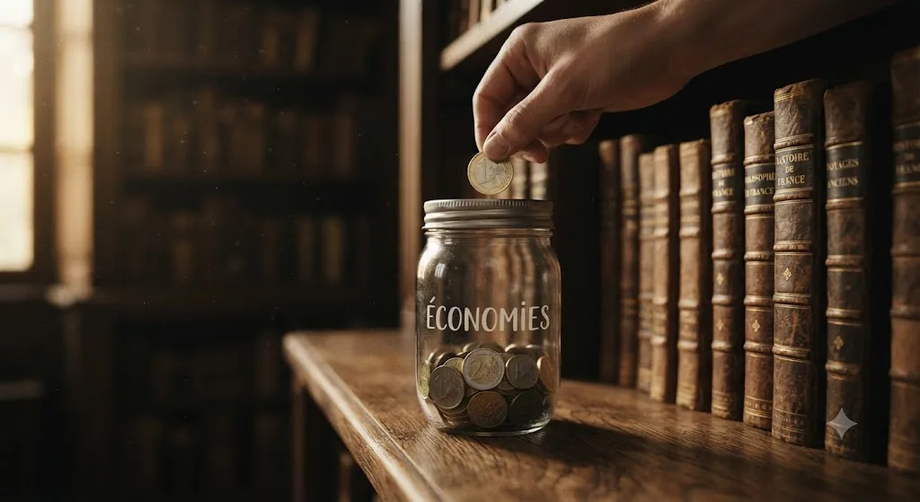 Main déposant une pièce d'un euro dans un bocal d'économies posé sur une étagère de bibliothèque ancienne