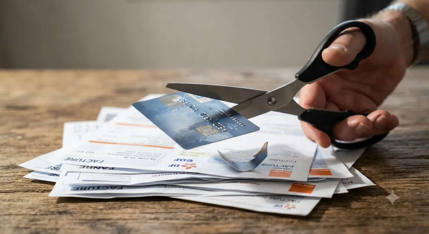 Ciseaux coupant une carte bancaire posée sur une pile de factures, sur une table en bois