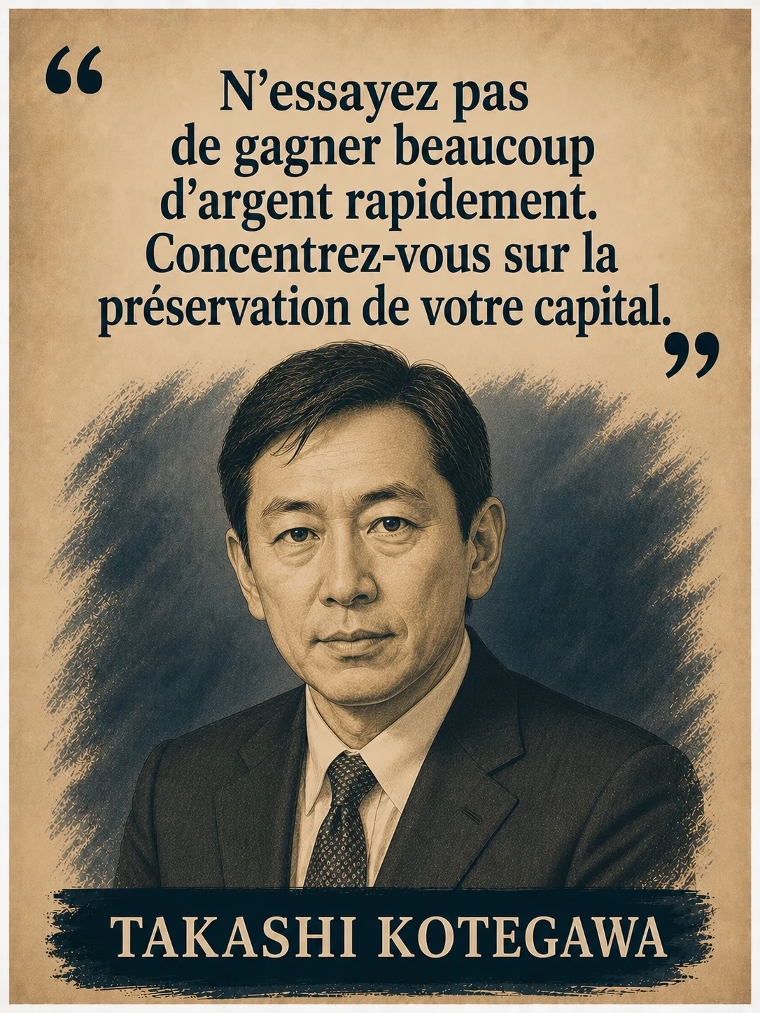 Portrait illustré de Takashi Kotegawa avec sa citation sur la préservation du capital