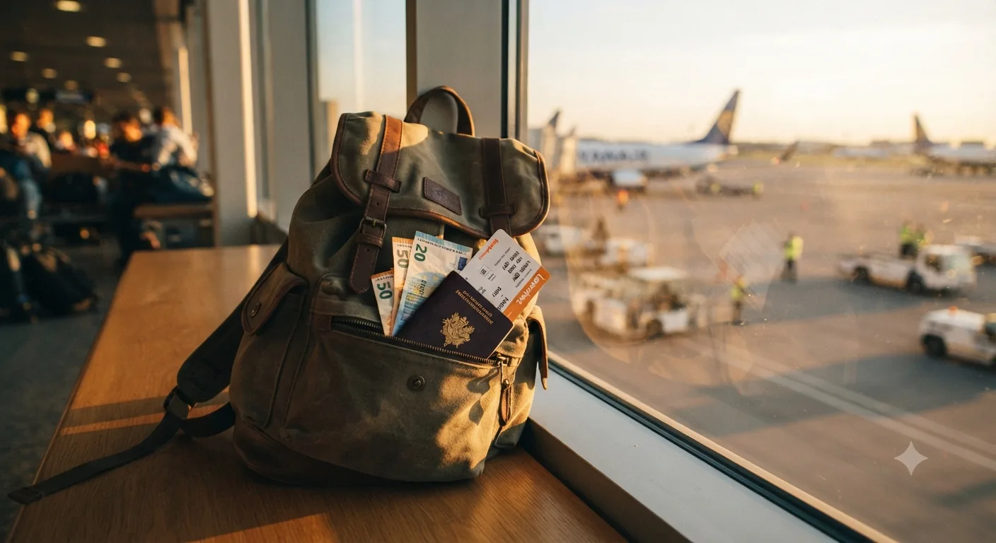 Sac à dos de voyage avec passeport, billets d'avion et billets en euros devant une baie vitrée d'aéroport au coucher du soleil