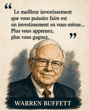 Portrait illustré de Warren Buffett avec sa citation sur l'investissement en soi-même