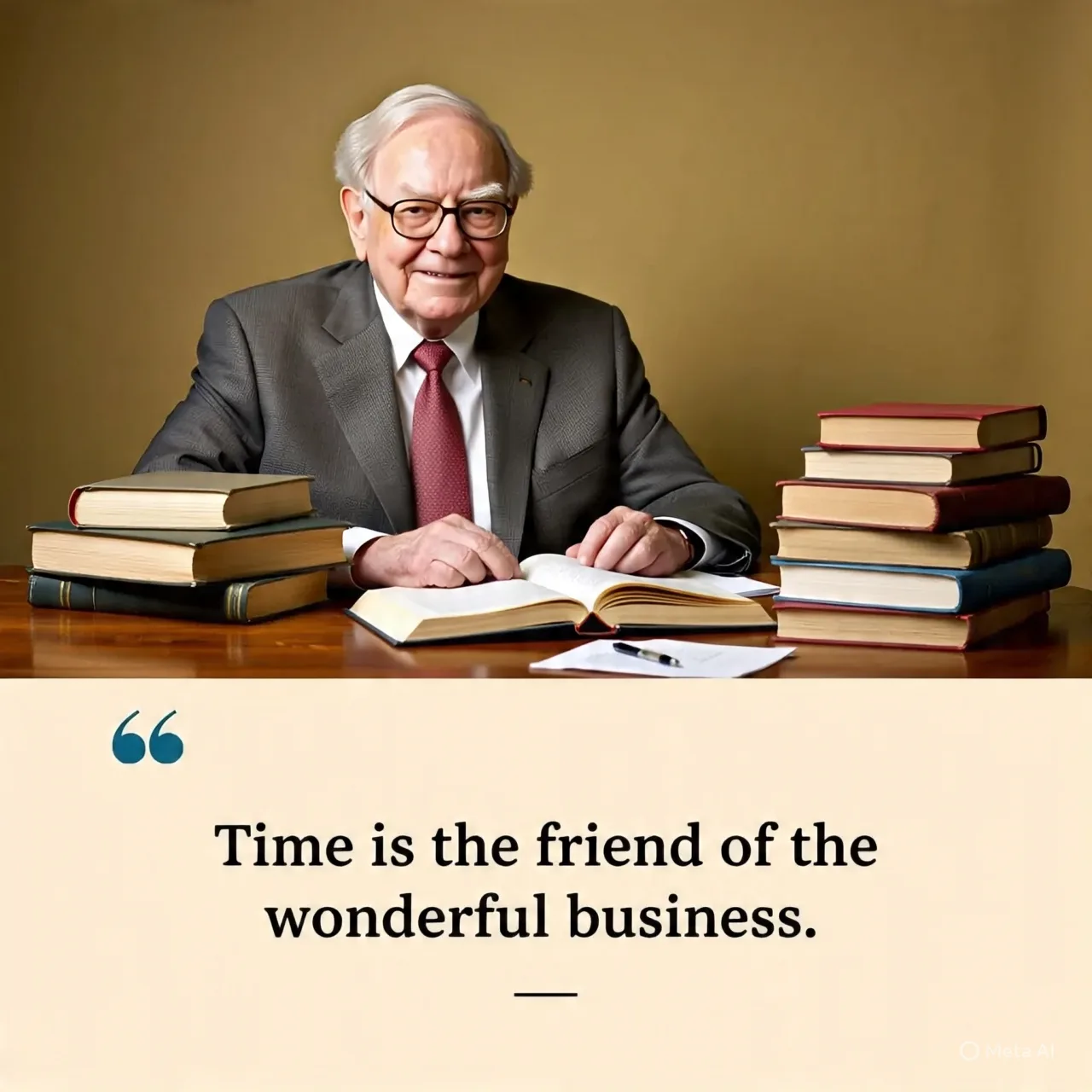 Portrait illustré de Warren Buffett à son bureau, entouré de livres