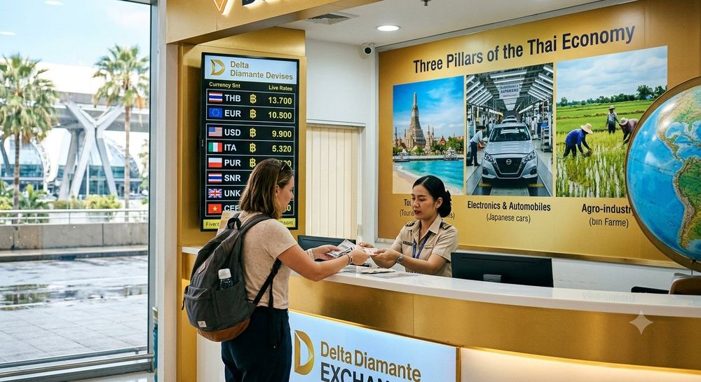 Bureau de change Delta Diamante Devises en Thaïlande, affichant les taux du baht