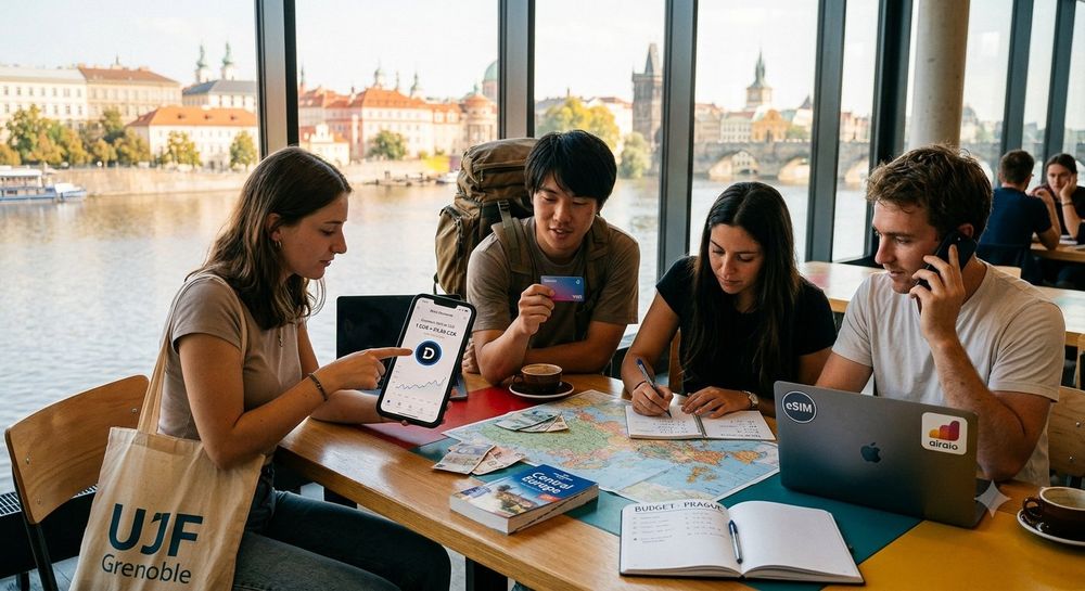 Groupe d'étudiants utilisant l'application Delta Diamante Devises à Prague